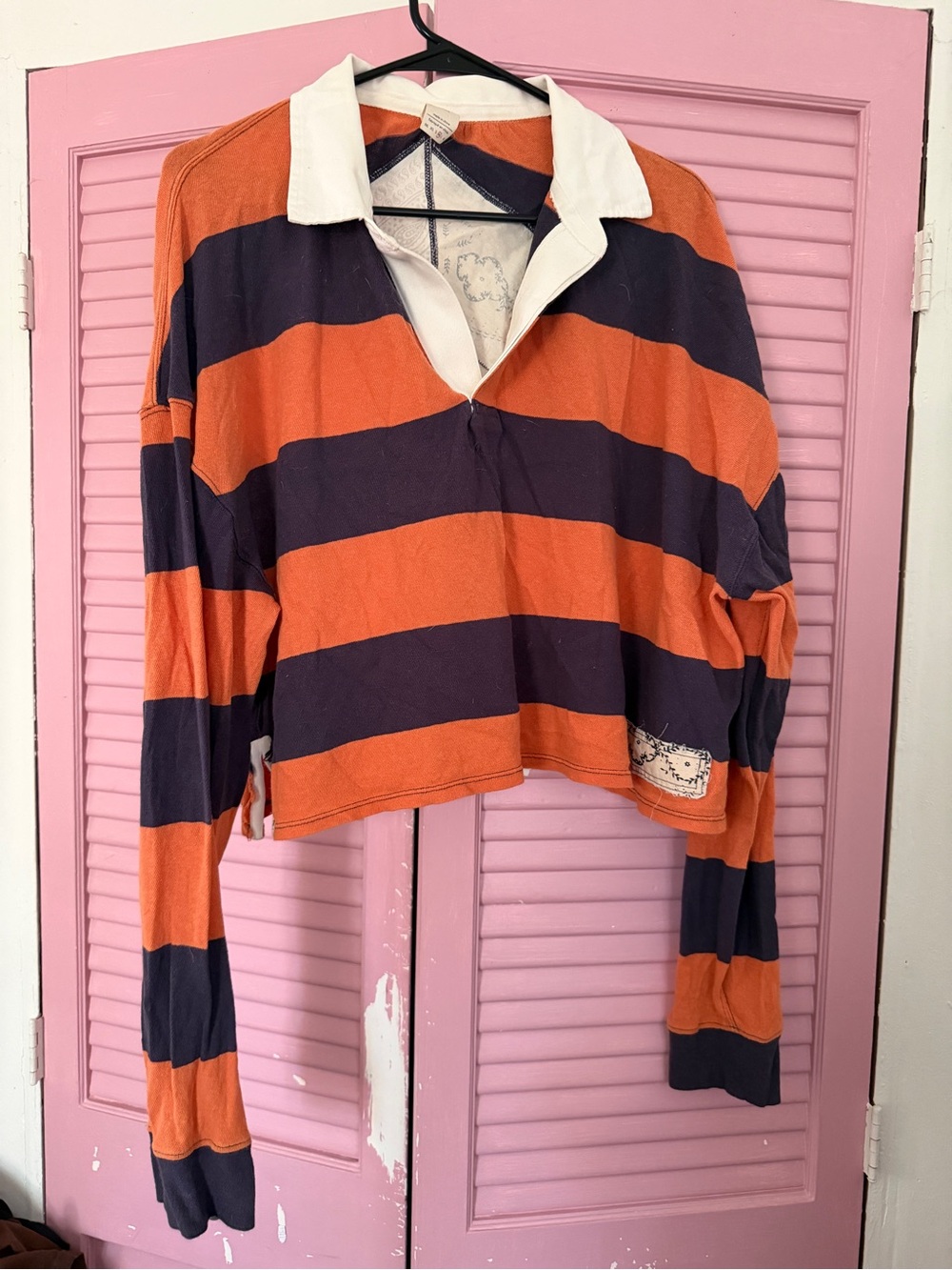 We the Free Cropped Rugby Stripe Pullover - Orange & Burgandy